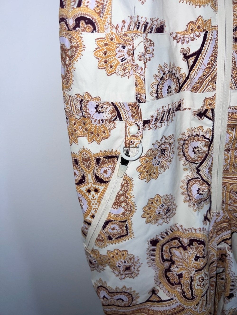 FP Movement by Free People Cream & Gold Paisley Zip-Front ski snow Overalls L - Picture 9 of 13